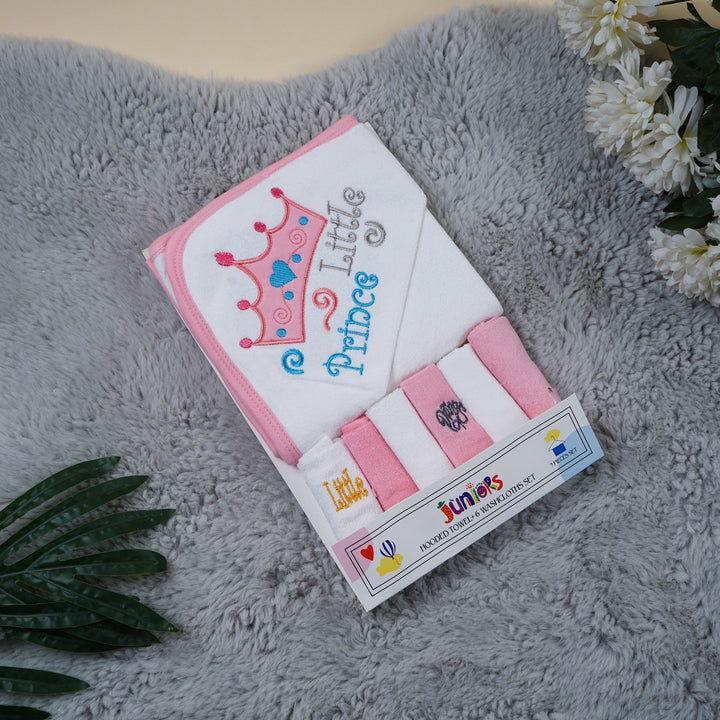 SUNSHINE BABY HOODED TOWEL & WASHCLOTHS LITTLE PRINCE PINK