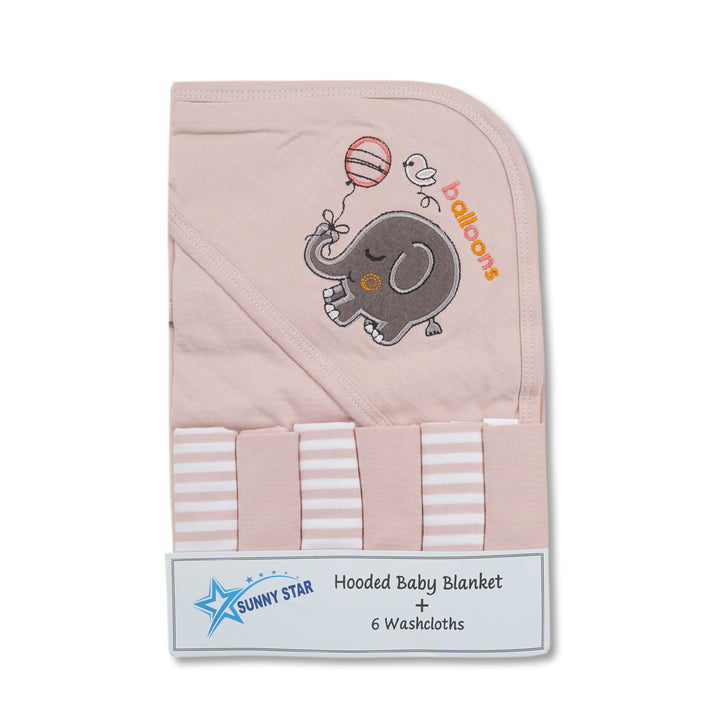 SUNSHINE KIDS HOODED TOWEL & 6 WASHCLOTHS ELEPHANT & BALLOONS PEACH