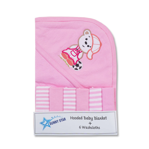 SUNSHINE KIDS HOODED TOWEL & 6 WASHCLOTHS BEAR PINK