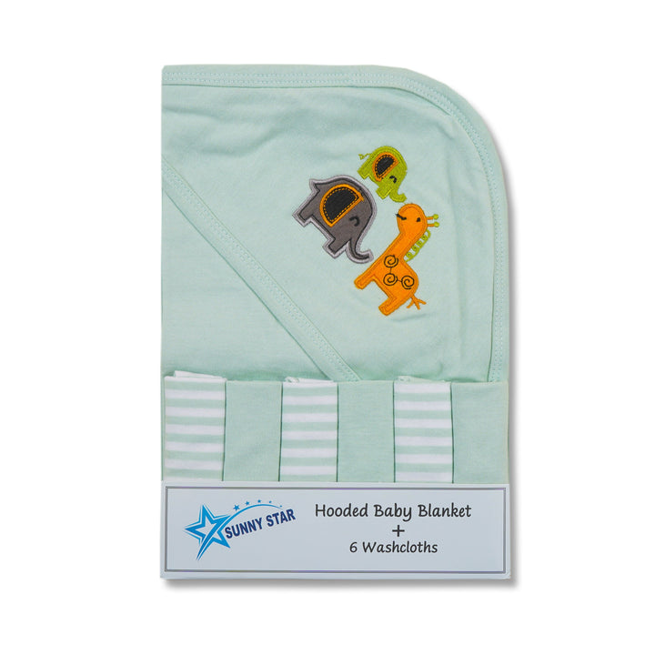 SUNSHINE KIDS HOODED TOWEL & 6 WASHCLOTHS ELEPHANT & GIRAFFE LIGHT GREEN