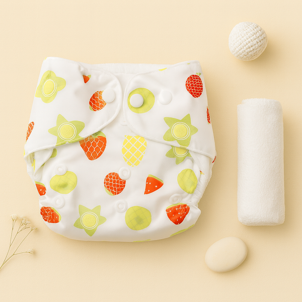 SUNSHINE BABY REUSABLE NAPPY MULTI STARS & FRUITS GREEN 0-24M