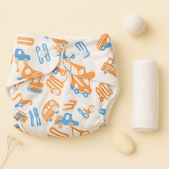 SUNSHINE BABY REUSABLE NAPPY MULTI TRUCKS ORANGE 0-24M