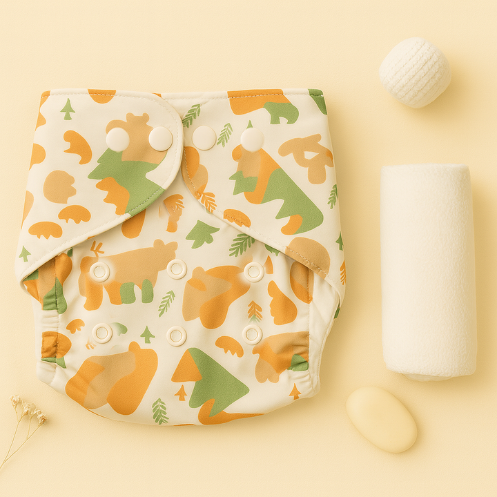 SUNSHINE BABY REUSABLE NAPPY MULTI TREES & MOUNTAINS ORANGE 0-24M