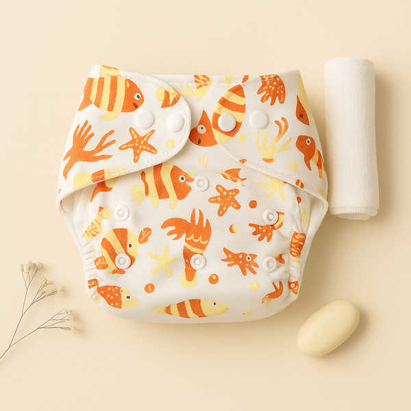 SUNSHINE BABY REUSABLE NAPPY MULTI SEA ANIMALS ORANGE 0-24M