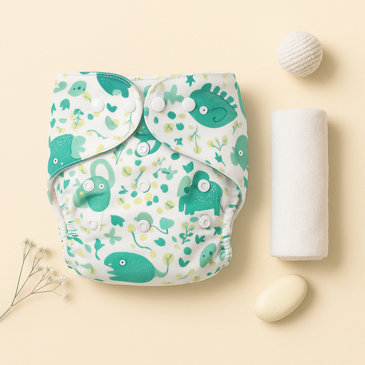 SUNSHINE BABY REUSABLE NAPPY MULTI BIRDS & ELEPHANT GREEN 0-24M