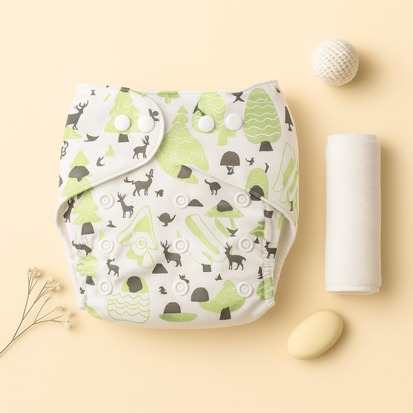 SUNSHINE BABY REUSABLE NAPPY MULTI TREES & ANIMALS GREEN 0-24M