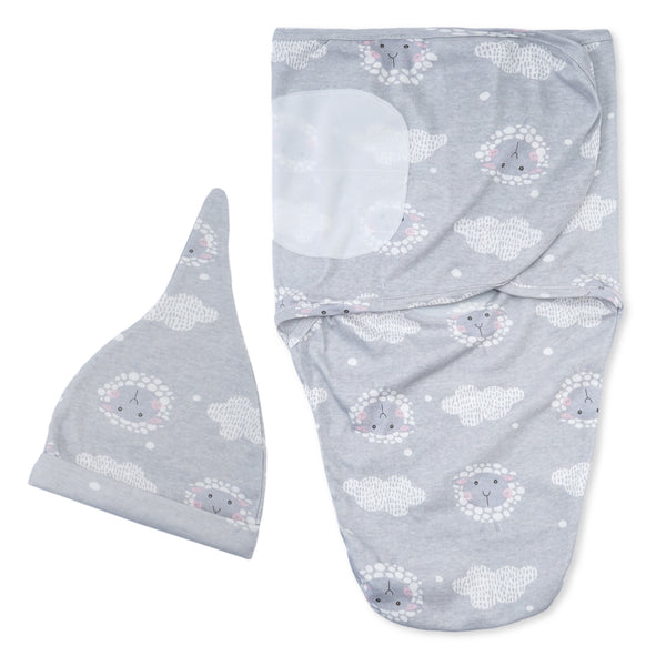 Adjustable Baby Swaddle With Cap Grey Sheep (0-6 Months) - Sunshine