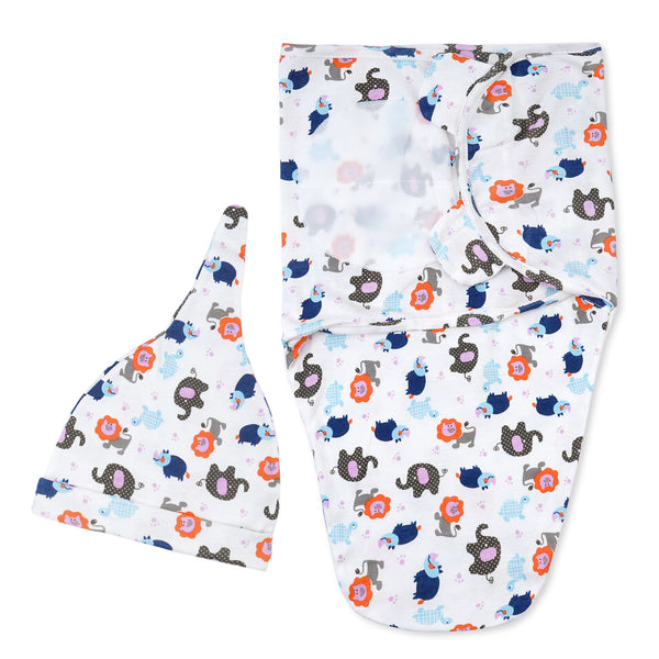 Adjustable Baby Swaddle With Cap Printed Animals (0-6 Months) - Sunshine