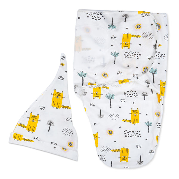 Adjustable Baby Swaddle With Cap Yellow Cat (0-6 Months) - Sunshine