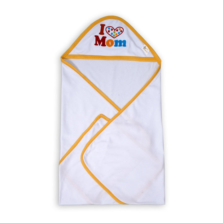 BABY HOODED WRAPPING SHEET I LOVE MOM YELLOW - SUNSHINE