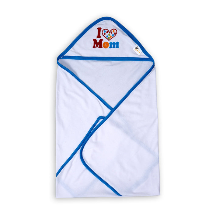 BABY HOODED WRAPPING SHEET I LOVE MOM BLUE - SUNSHINE