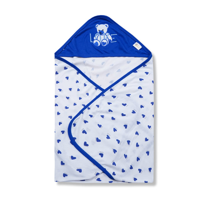 BABY HOODED WRAPPING SHEET HEARTS ROYAL BLUE - SUNSHINE