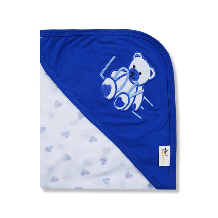 BABY HOODED WRAPPING SHEET HEARTS ROYAL BLUE - SUNSHINE