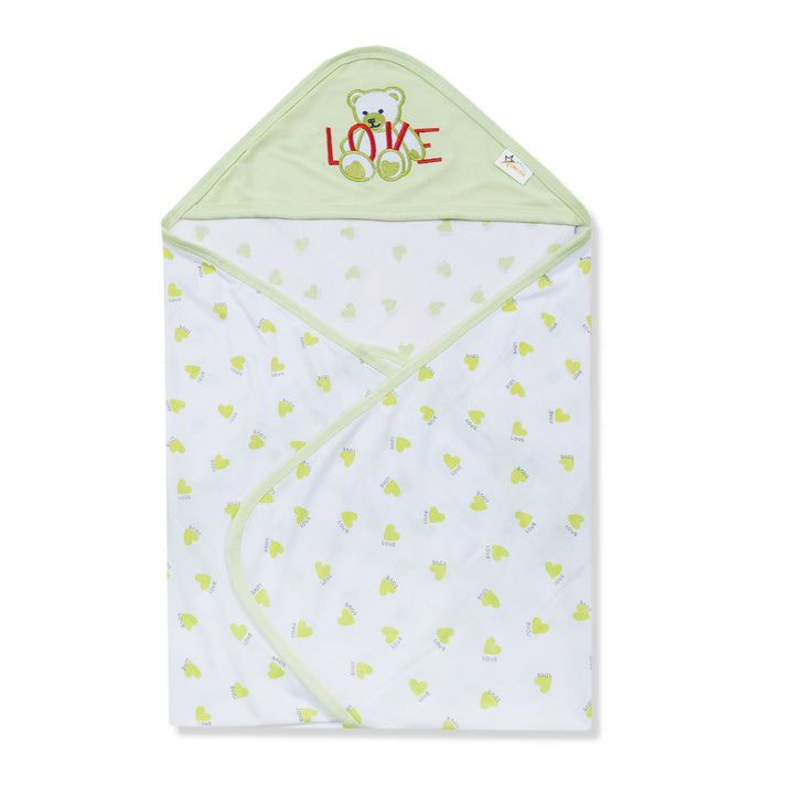 BABY HOODED WRAPPING SHEET HEARTS GREEN - SUNSHINE