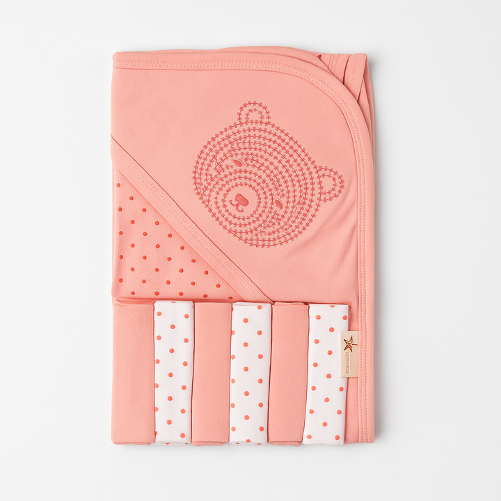 SUNSHINE PACK OF 7 HOODED WRAPPING SHEET AND WASH CLOTHS BEAR PEACH