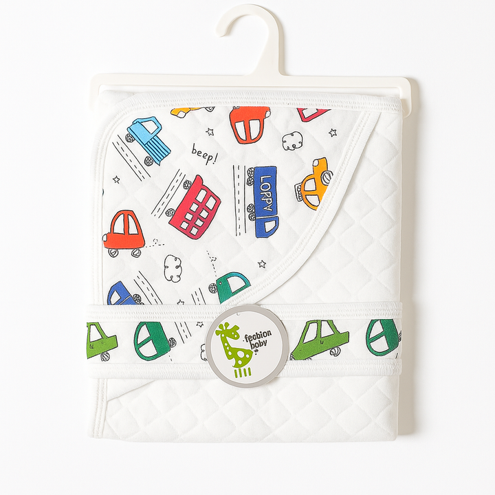 SUNSHINE BABY WINTER HOODED SHAWL MULTI CARS WHITE