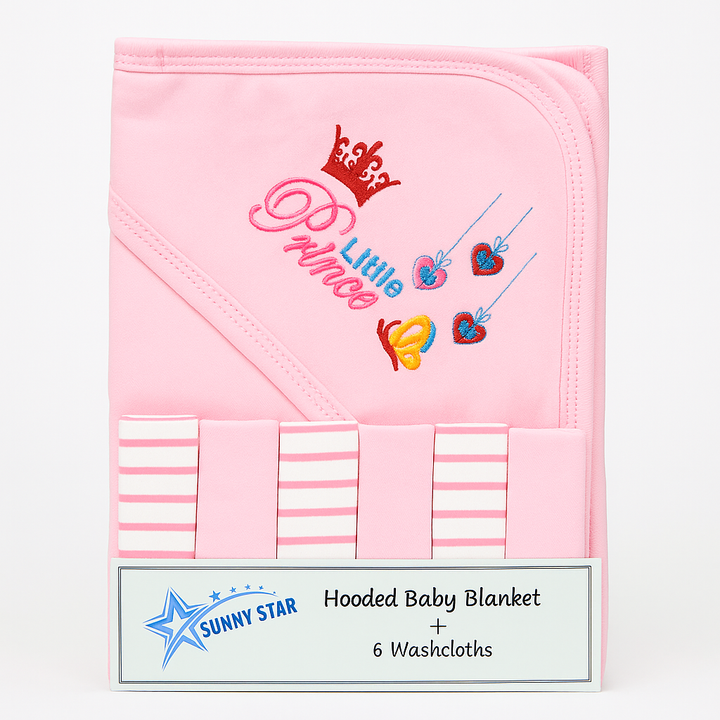 SUNSHINE BABY 7PCS WRAPPING SHEET & WASHCLOTHS LITTLE PRINCES PINK