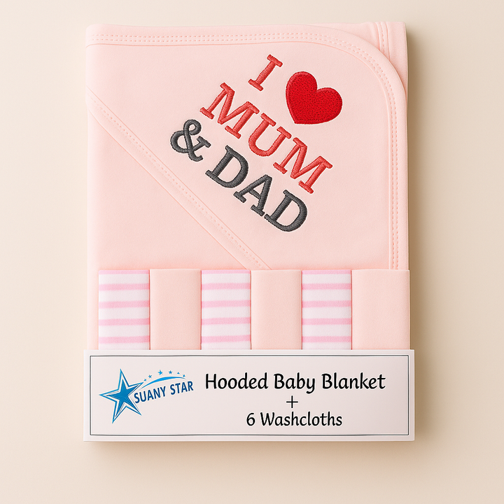 SUNSHINE BABY 7PCS WRAPPING SHEET & WASHCLOTHS I LOVE MUM & DAD BABY PINK