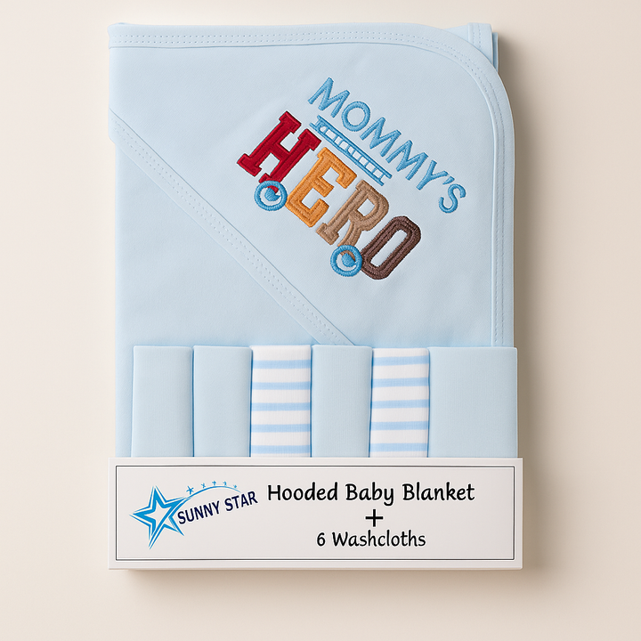 SUNSHINE BABY 7PCS WRAPPING SHEET & WASHCLOTHS MOMMYS HERO BLUE