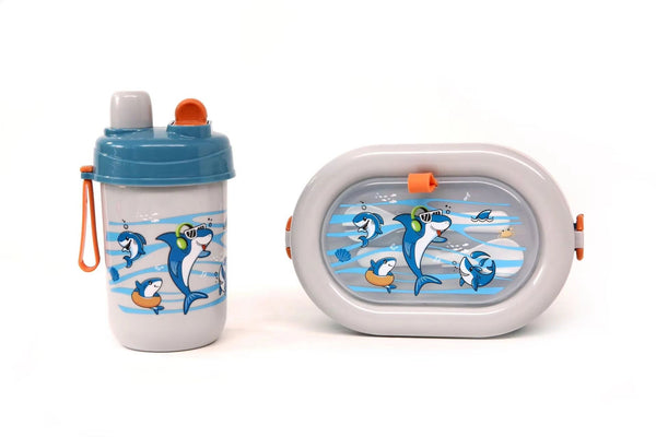 SUNSHINE KIDS SCHOOL PLASTIC LUNCH & BOTTLE BOX SHARKS GREY 9019