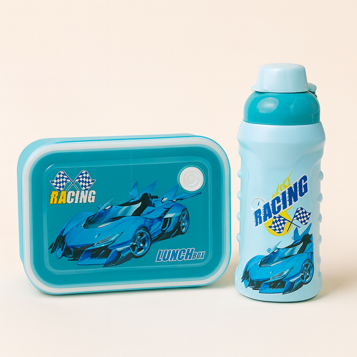 SUNSHINE KIDS SCHOOL PLASTIC LUNCH BOX & BOTTLE SET RACING CAR BLUE