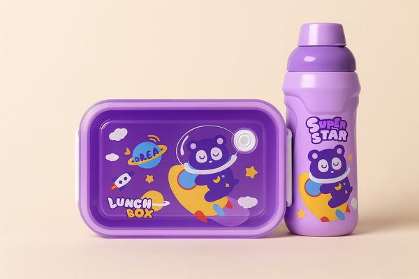 SUNSHINE KIDS SCHOOL PLASTIC LUNCH BOX & BOTTLE SET SPACE BEAR PURPLE