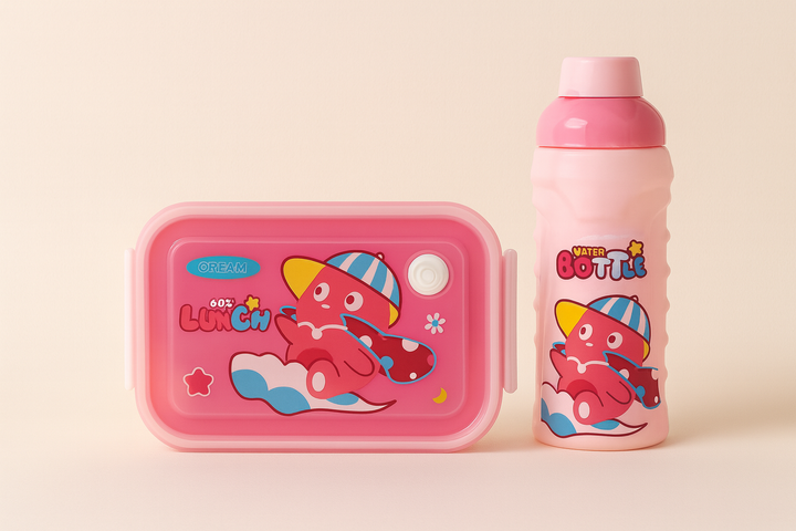 SUNSHINE KIDS SCHOOL PLASTIC LUNCH BOX & BOTTLE SET SUPERMAN BEAR PINK
