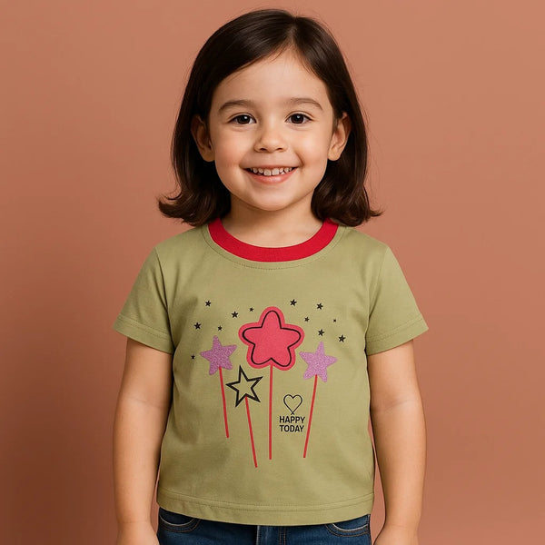 Kids Printed T-Shirt Happy Today Olive Green - Mini Charm