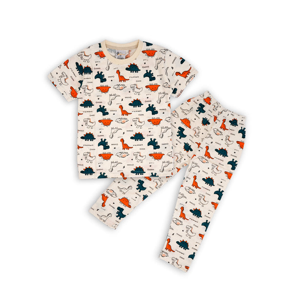 Kids Half Sleeves Pajama Set Printed Dinosaur White - Mini Charm