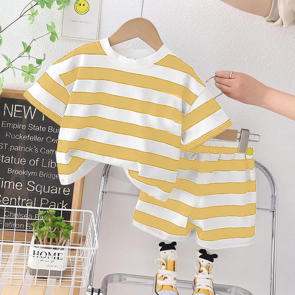 Kids T-Shirt & Short Set Wide Stripes Orange - Mini Charm