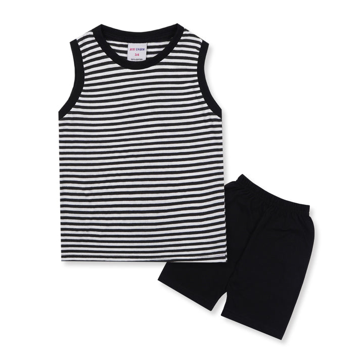 MINI CHARM KIDS SHORT & SANDO STRIPES BLACK  7-8Y