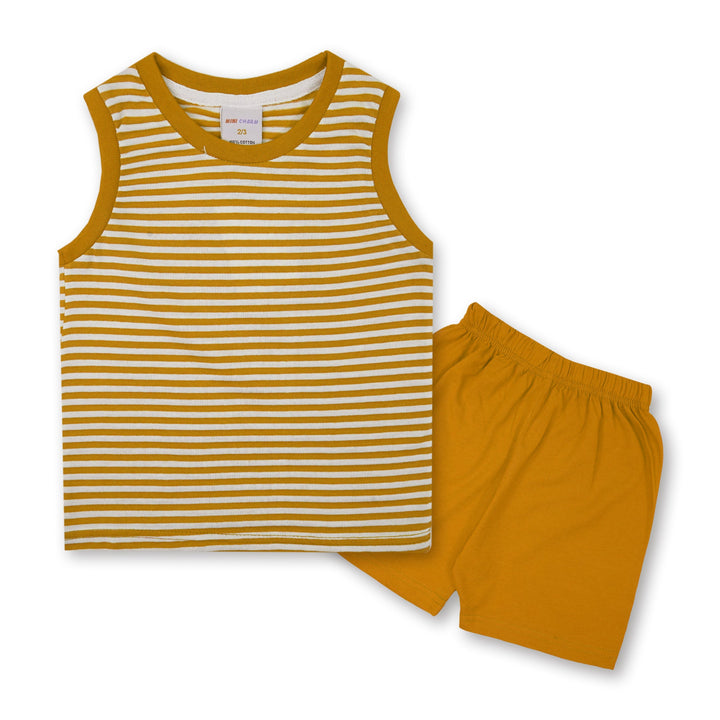 MINI CHARM KIDS SHORT & SANDO SET MUSTARD STRIPES 7-8Y