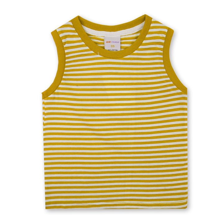 MINI CHARM KIDS SHORT & SANDO SET YELLOW STRIPES 7-8Y