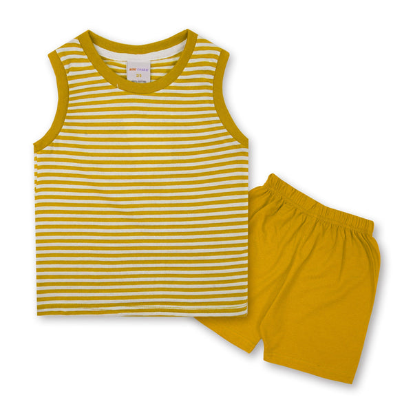 MINI CHARM KIDS SHORT & SANDO SET YELLOW STRIPES 7-8Y