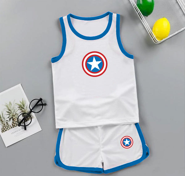 MINI CHARM KIDS SHORT AND SANDO SET CAPATIN AMERICA WHITE 3-4 Y