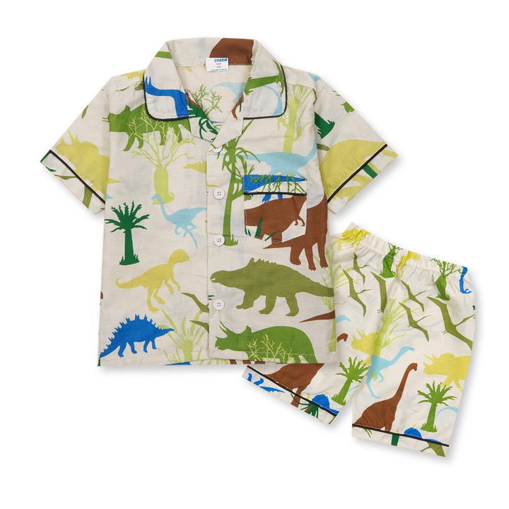 MINI CHARM KIDS NIGHT SUIT DINOSAURS & TREES GREEN 7-8Y