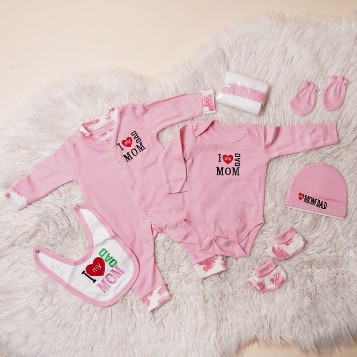 MINI CHARM BABY GIFT SET 10PCS I LOVE MOM & DAD PINK