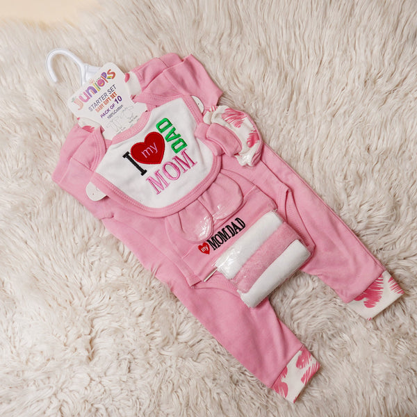 MINI CHARM BABY GIFT SET 10PCS I LOVE MOM & DAD PINK