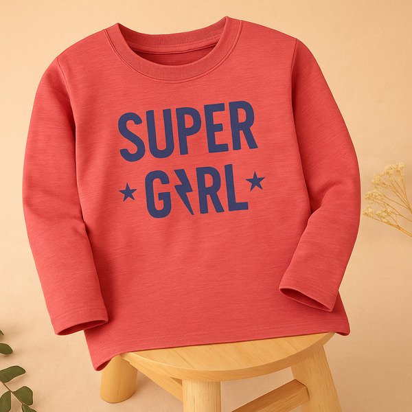 Kids Full Sleeve Printed T-Shirt Super Girl Peach - Mini Charm