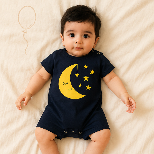 Baby Short-Body Printed Cotton Romper Moon & Stars Black WC - Mini Charm