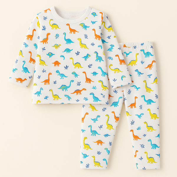 Kids Full-Sleeves Pajama Set Dinosaur Off White - Mini Charm