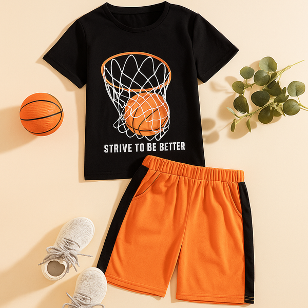 Kids T-Shirt & Short Set Basketball Orange & Black WC - Mini Charm