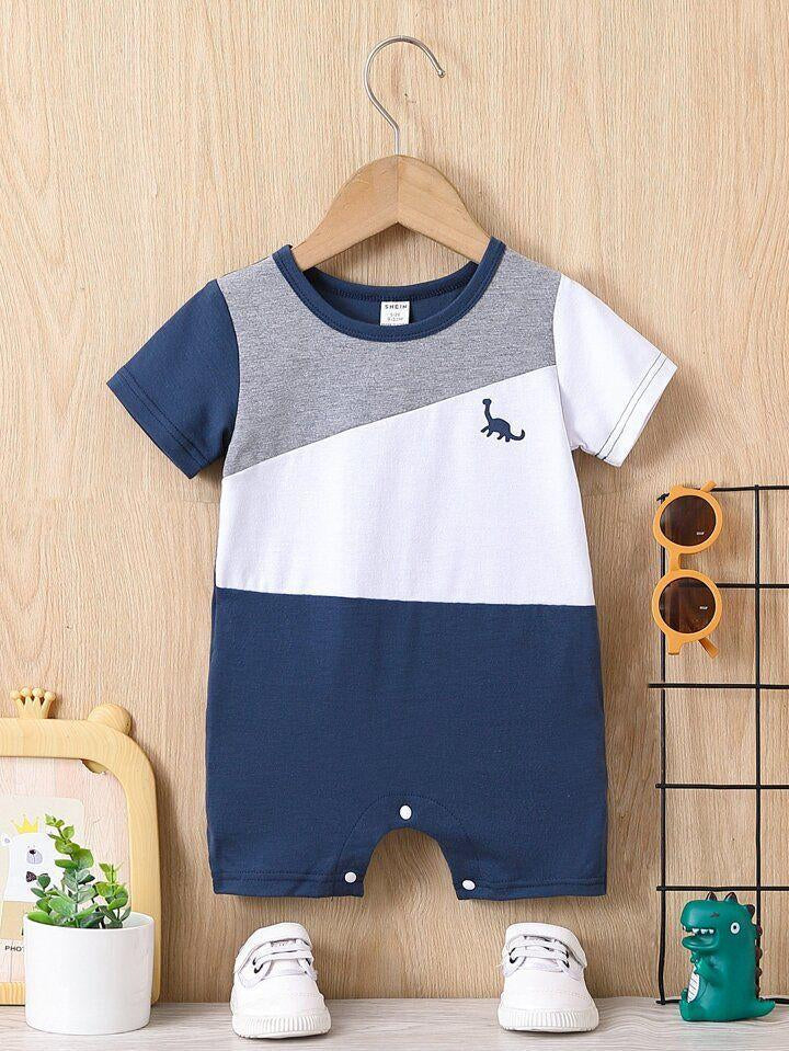 MINI CHARM BABY COTTON ROMPER DINO WHITE & NAVY BLUE 9-12M