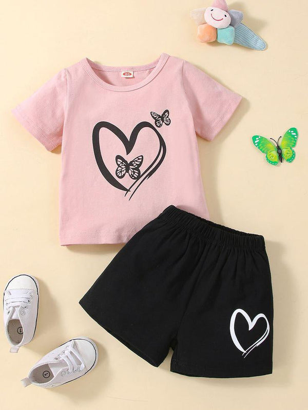 MINI CHARM SHORT AND SHIRT SET HEART BABY PINK 4Y