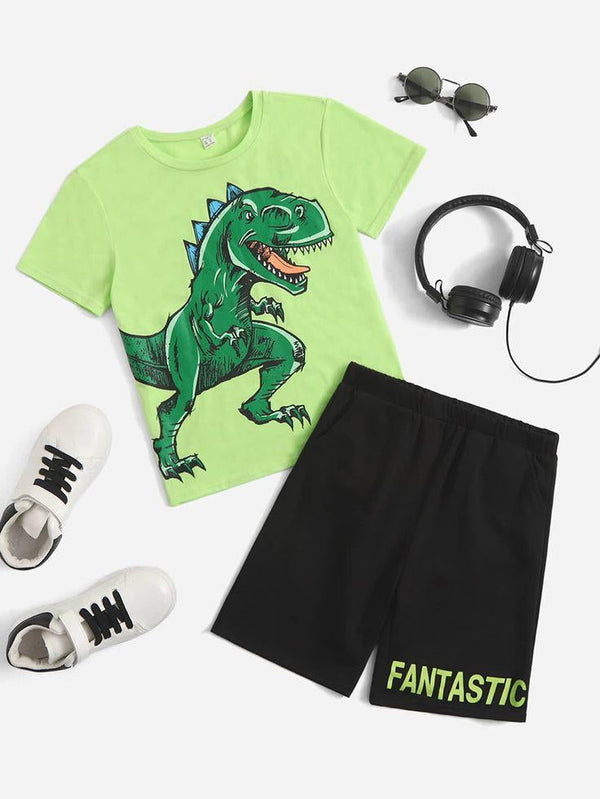 MINI CHARM KIDS COTTON SHORT & SHIRT SET DINOSAUR SPRING GREEN - (WC) 4Y
