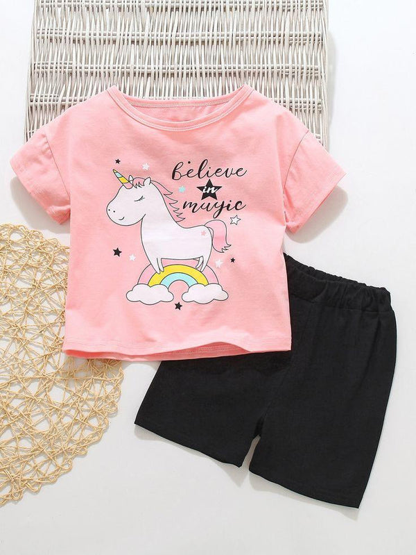 MINI CHARM KIDS COTTON SHORT & SHIRT SET UNICORN PEACH - (WC) 4Y