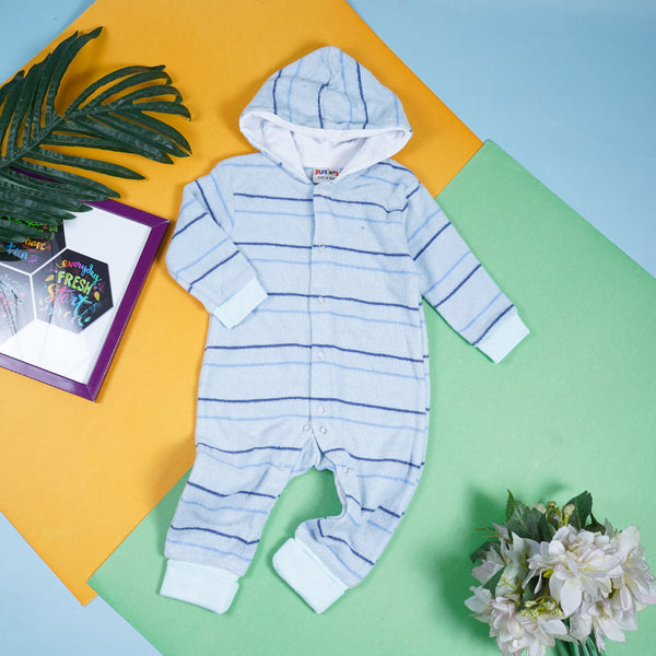 OOLAA BABY TERRY CLOTH HOODED ROMPER STRIPES SKY BLUE(9-12)M