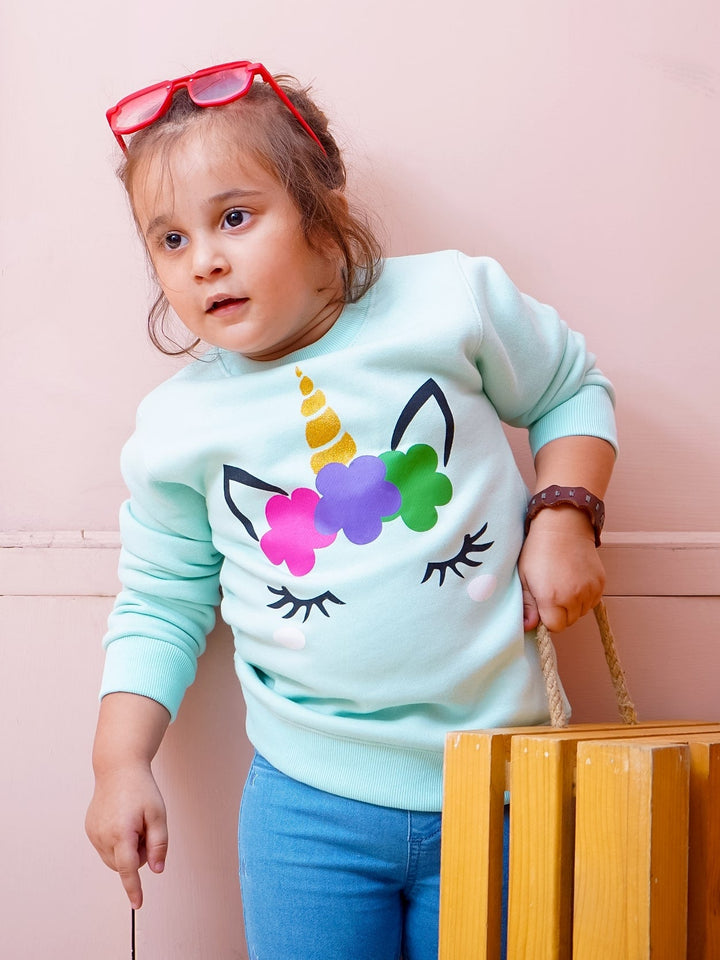 MINI CHARM GIRLS SWEAT SHIRT UNICORN SEA GREEN 7-8Y