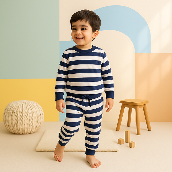 Kids Fleece Tracksuit Wide Stripes Navy Blue - Mini Charm