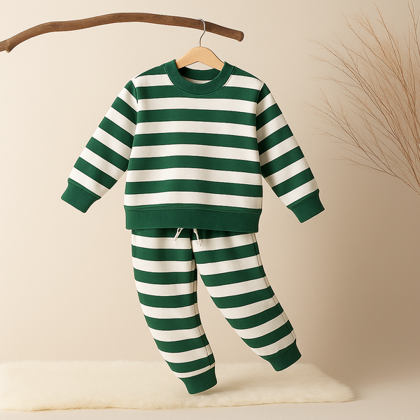Kids Fleece Tracksuit Wide Stripes Green - Mini Charm